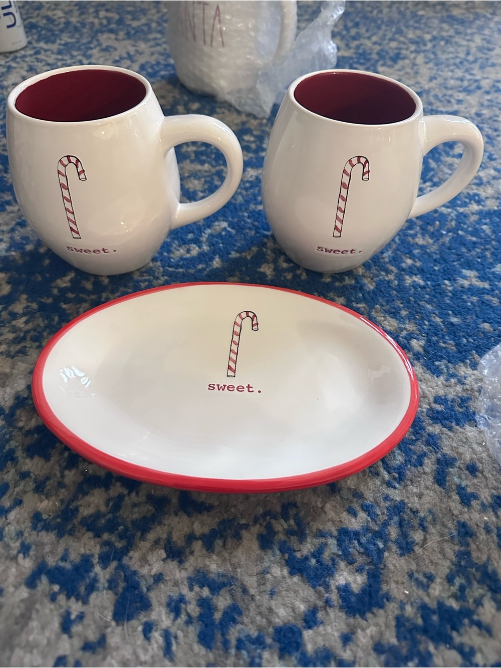Ceramic Candy Cane Mug and Snack Plate Set - Red/White Rae Dunn